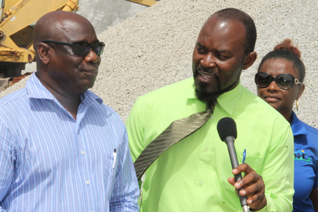 Hon. Alexis Jeffers, Minister of Housing and Lands on Nevis and Mr. Valentine Lindsay, Chairman of the National Housing Corporation in St. Kitts, on tour at the Nevis Island Administration-owned quarry at New River on October 18, 2017
