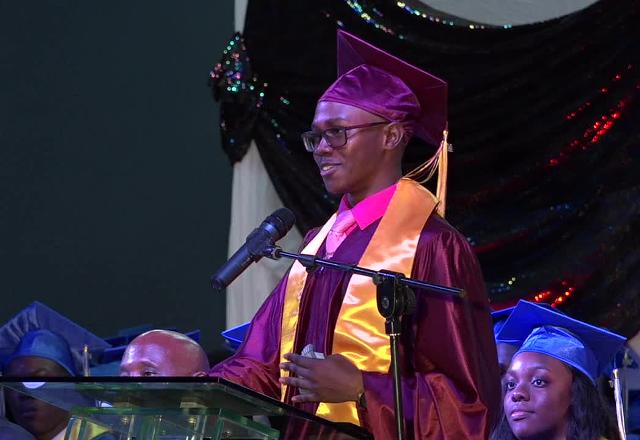 Mr. Cheslin Maloney, Valedictorian of the Nevis Sixth Form College Graduating Class of 2017 delivering his Valedictory speech at the Charlestown Secondary School and the Nevis Sixth Form College Graduation and Prize-giving Ceremony on November 15, 2017, at the Nevis Cultural Complex