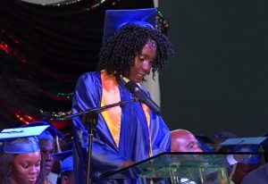 Ms. Monique Browne, Valedictorian for the Caribbean Certificate of Secondary Level Certificate delivering her valedictory speech at the Charlestown Secondary School and the Nevis Sixth Form College Graduation and Prize-giving Ceremony at the Nevis Cultural Complex on November 15, 2017