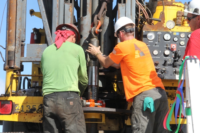 Drillers at the Hamilton geothermal site starting up the drill rig on November 22, 2017, to begin operations for a test well