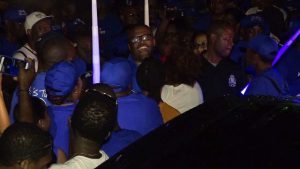 Premier of Nevis Elect Mr. Mark Brantley greeting jubilant supporters of the Concerned Citizens Movement outside the party’s headquarters on Government Road, following the announcement of the election results on December 19, 2017