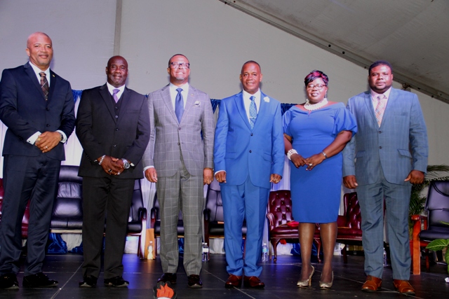 Members of the Nevis Island Administration (l-r) Hon. Spencer Brand, Deputy Premier of Nevis Hon. Alexis Jeffers, Premier of Nevis Hon. Mark Brantley, Hon. Eric Evelyn, Hon. Hazel-Brandy Williams and Hon. Troy Jeffers moments after thy were sworn in at the Inauguration Ceremony at the Elquemedo T. Willett Park in Charlestown on December 24, 2017