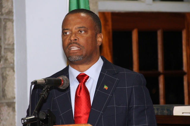 Premier of Nevis Hon. Mark Brantley delivering an address moments after he was sworn-in as premier at the High Court in Charlestown on December 19, 2017