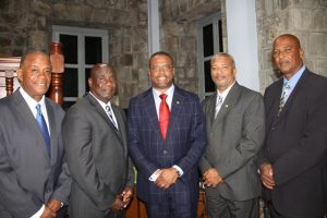 New Premier of Nevis Hon. Mark Brantley Hon. Mark Brantley (middle) with his colleagues (l-r) Mr. Eric Evelyn, Mr. Alexis Jeffers, Mr. Spencer Brand and Mr. Keith Scarborough after he was sworn in as premier at the High Court in Charlestown on December 19, 2017