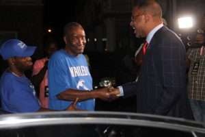 New Premier of Nevis Hon. Mark Brantley greets supporters after he was sworn in as premier at the High Court in Charlestown on December 19, 2017