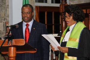 Her Ladyship the Hon. Justice Pearletta Lanns administering the Oaths of Allegiance and Secrecy to the new Premier of Nevis Hon. Mark Brantley, at a special sitting of the High Court in Charlestown on December 19, 2017