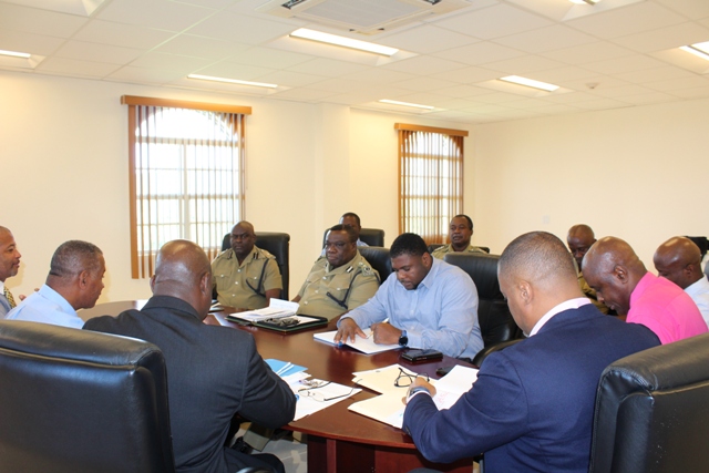 The team of senior officers at the Royal St. Christopher and Nevis Police Force, Nevis Division, led by Deputy Commissioner of Police Hilroy Brandy meeting with the Cabinet of the Nevis Island Administration in the Cabinet room at Pinney’s on January 24, 2018