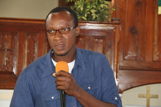 Prison inmate Mr. Marieus Webbe of Gingerland addressing students of the Gingerland Secondary School at the school’s 45th Anniversary Thanksgiving Service at the Gingerland Methodist Church, on Wednesday January 24, 2018