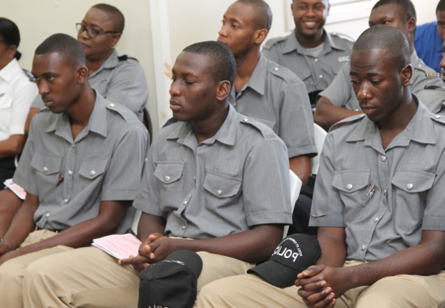 A group of recruits from the Royal St. Christopher and Nevis Police Force attending the Nevis Division’s annual New Year Celebration Service at the Charlestown Police Station’s Recreation Room on January 03, 2018