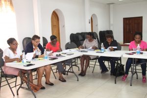(l-r) Ms. Vera Herbert, enumerator; Ms. Tracy Parris, Community Development Officer; Mrs. Lydia Claxton, Community Development Officer; Ms. Malva Rawlins, Community Development Officer; Ms. Glenda Claxton, Community Development Officer; Ms. Tasha Parry, Community Development Officer at the workshop regarding the CFYR Program survey, held at the St. Paul’s Anglican Church Hall on February 01, 2018