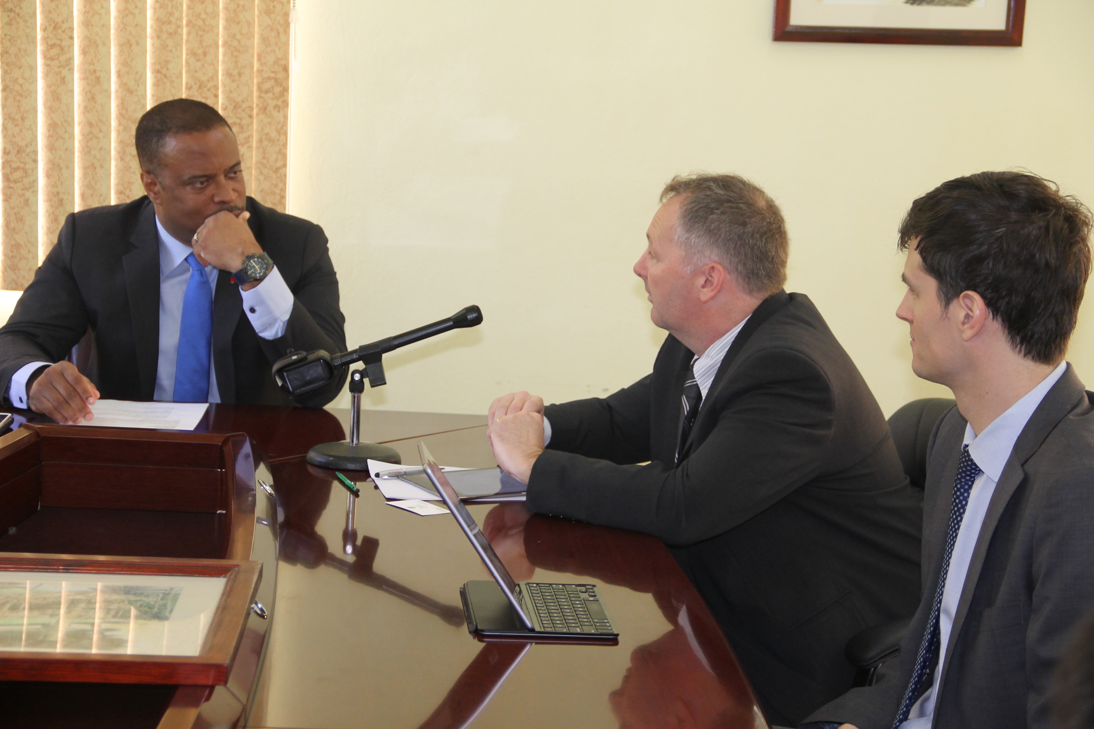 Premier of Nevis Hon. Mark Brantley, in discussion with IMF Consultant Mr. Matt Davies; and Nicholas End, Economist at the Department of Public Finances on February 02, 2018 at the NIA conference room at the Social Security Building