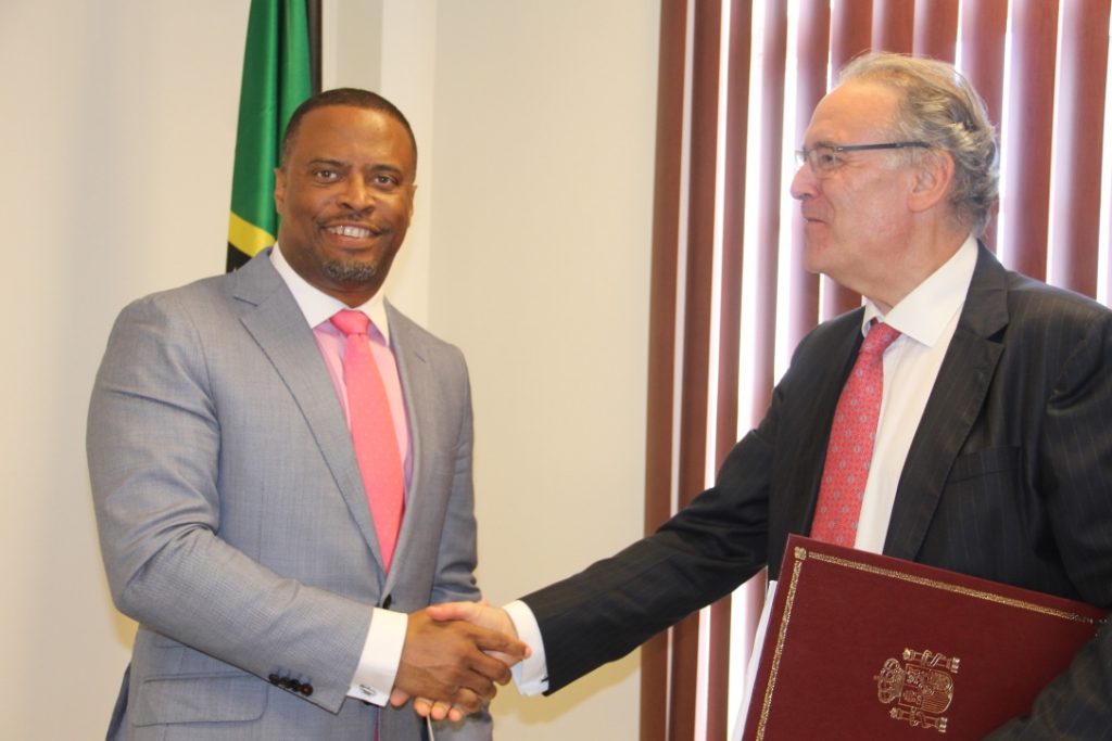 (l-r) St. Kitts and Nevis’ Minister of Foreign Affairs Hon. Mark Brantley, who is also the Premier of Nevis; with His Excellency Josep Maria Bosch Bessa, Ambassador Extraordinary and Plenipotentiary of Spain to St. Kitts and Nevis; at the Premier’s office on February 06, 2018