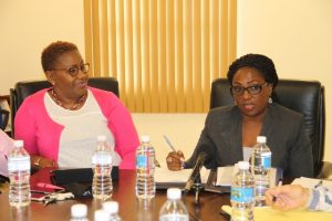 Ms. Patricia Claxton, Nevis Chapter of the St. Kitts and Nevis Chamber of Industry and Commerce (right) and Ms. Alice Tyson, Vice Chairman at the at a meeting with Hon. Mark Brantley, Premier of Nevis and Minister of Finance at Pinney’s Estate on March 13, 2018