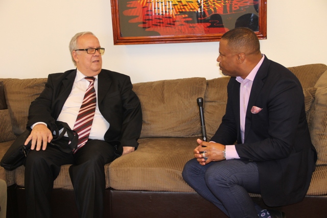 Premier of Nevis Hon. Brantley (right) welcomes Cuban Ambassador to St. Kitts and Nevis His Excellency Abelardo Hernandez Ferrer to his Pinneys Estate office during a courtesy call on February 20, 2018