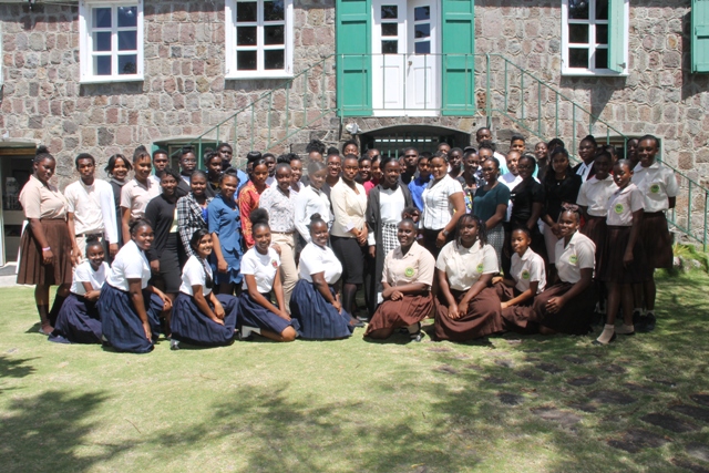 Members of the Youth Parliamentarians with other school mates and teachers outside the Nevis Island Assembly chambers on March 12, 2018 following a mock sitting of the Parliament to commemorate Commonwealth day on March 12, 2018