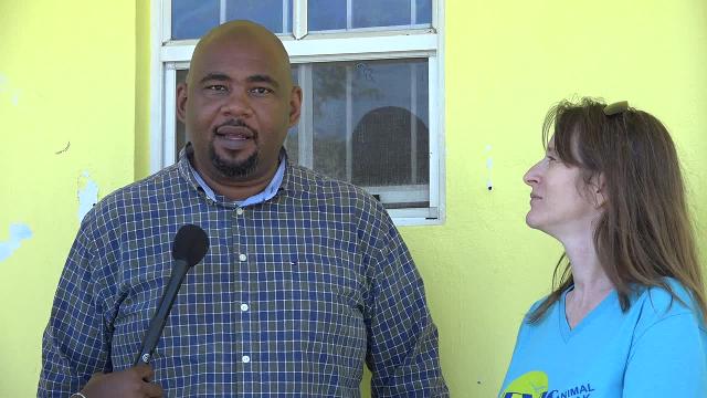 Mr. Huey Sargeant, Acting Permanent Secretary and Ms. Janice Jensen, Owner of Nevis Animal Speak on April 03, 2018 at The Barking Lot in Cades Bay, Nevis