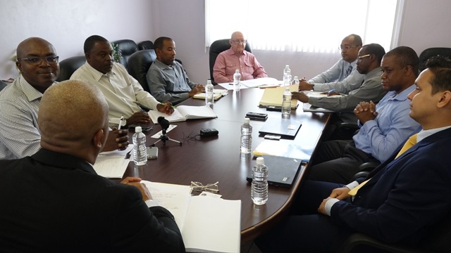(l-r) Hon. Spencer Brand, Minister of Water Services; Dr. Ernie Stapleton, Permanent Secretary in the Ministry of Water Services; Mr. Denzil Stanley, Principal Assistant Secretary in the Ministry; Mr. Roger Hanley, Manager of the Nevis Water Department; Mr. Bryan Kennedy, Project Coordinator and members of the Caribbean Development Bank’s Economic Infrastructure Division; Mr. Peter Manning, Operations Officer (Analyst); Mr. Whitfield Clarke, Operations Officer (Civil Engineer); Mr. L. O’Reilly Lewis, Division Chief and; Mr. Lano Fonua, Operations Officer (Energy); at a meeting at the Ministry of Finance conference room on April 19, 2018