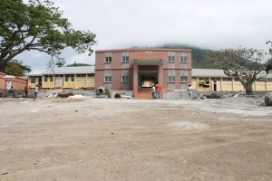 The new administrative block (at the front) and the student’s new washroom facilities (extreme left) at the Gingerland Secondary School on April 20, 2018, during a site visit led by Hon. Spencer Brand Minister responsible for Public Works on Nevis