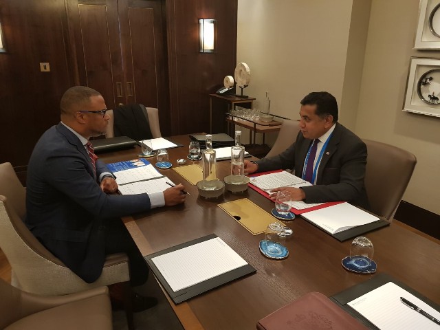 (L-r) Hon. Mark Brantley, Minister of Foreign Affairs and Aviation in St. Kitts and Nevis meeting with Lord Tariq Ahmad United Kingdom Minister of State in the UK Foreign Commonwealth Office