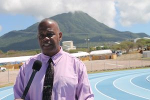 Hon Eric Evelyn, Minister of Youth and Sports in the Nevis Island Administration at the Mondo Track at Long Point on March 27, 2018