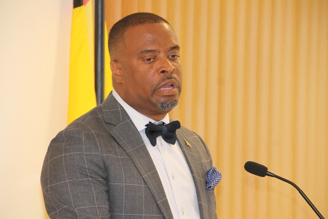 Premier of Nevis Hon. Mark Brantley at his press conference at the Cabinet Room at Pinney’s Estate on May 29, 2018.