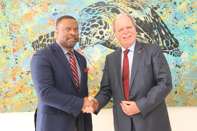 Minister of Foreign Affairs and Premier of Nevis Hon. Mark Brantley welcomes His Excellency Holger Michael, the Federal Republic of Germany’s new Ambassador to St. Kitts and Nevis during a courtesy call at his Pinney’s office on May 24, 2018