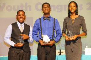 (l-r) Mr. Mikkel Maloney, second runner up; Mr. Recardoe Rodriques, winner; and Ms. Eliyse Thomas, third runner up in the Bank of Nevis Ltd. Tourism Youth Congress on May 17, 2018 at the Nevis Performing Arts Centre