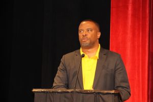 Hon. Mark Brantley, Premier of Nevis giving brief remarks at the Bank of Nevis Ltd. Tourism Youth Congress on May 17, 2018 at the Nevis Performing Arts Centre