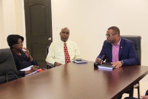 (l-r) Rev. Salome James, President of the Evangelical Association; Mr. Stedmond Tross, Cabinet Secretary and Senior Advisor to the Premier; and Hon. Mark Brantley, Premier of Nevis, during a meeting facilitated by the Premier with members of the Nevis Christian Council and the Evangelical Association on June 19, 2018 at the Premier’s Ministry Conference Room at the Social Security Building at Pinney’s Estate