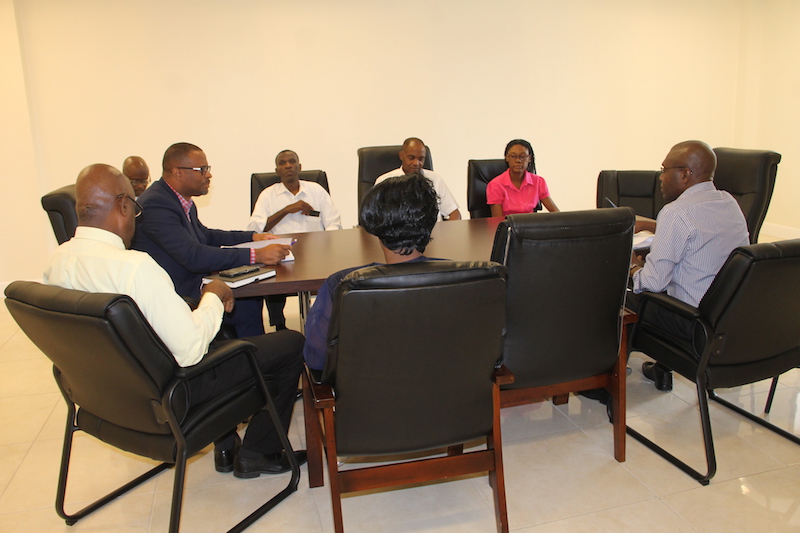 (centre) Hon. Mark Brantley, Premier of Nevis; (left) Mr. Stedmond Tross, Cabinet Secretary and Senior Advisor to the Premier; (left) Mr. Wakely Daniel, Permanent Secretary in the Premier’s Ministry, meet with members of the Nevis Christian Council and the Evangelical Association on June 19, 2018 at the Premier’s Ministry Conference Room at the Social Security Building at Pinney’s Estate.