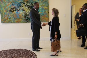 Hon. Mark Brantley, Premier of Nevis greets Her Excellency Ms. Marie Legault, High Commissioner of Canada for the Eastern Caribbean as she enters his office chambers at the Social Security Building at Pinneys on June 21, 2018