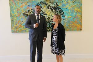 Hon. Mark Brantley, Premier of Nevis offers welcoming remarks to Her Excellency Ms. Marie Legault, High Commissioner of Canada for the Eastern Caribbean at his office on June 21, 2018