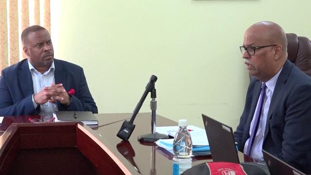 (right) Mr. Arnold McIntyre, Deputy Division Chief in the Caribbean Division at the International Monetary Fund’s Western Hemisphere Department and (left) Premier of Nevis Hon. Mark Brantley at a meeting at the Ministry of Finance Conference room on June 27, 2018