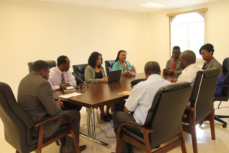 (l-r around the table) Hon. Troy Liburd, Junior Minister of Education and Library Services; Mr. Kevin Barrett, Permanent Secretary in the Ministry of Education and Library Services welcomes Dr. Neva Pemberton, Chief of Education Planner in St. Kitts and Nevis; Mrs. Carla Mills-Diamond, Focal Point of the International Teachers’ Task Force; Mr. Antonio Maynard, Secretary General of the St. Kitts Nevis National Commission for UNESCO; Mrs. Lisa Pistana, Education Officer, Ministry of Education in St. Kitts; Dr. Edem Adubra, Head of the Secretariat of the International Task Force on Teachers, UNESCO; and Mr. Claude Akpabie, Education Programme Specialist, UNESCO Caribbean Office in the Conference Room of the Social Security Building on June 27, 2018