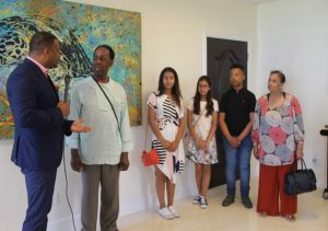 Nevisian born Dr. Arthur France MBE, his wife and grandchildren visiting with Hon. Mark Brantley, Premier of Nevis, at his Pinney’s Estate Office on July 25, 2018