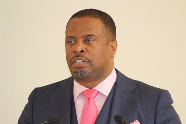 Hon. Mark Brantley, Premier of Nevis at his monthly press conference at the Nevis Island Administration’s conference room at Pinney’s Estate on July 26, 2018