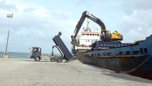 One of 14 local truckers delivering aggregate from the Nevis Island Administration-owned quarry at New River to a barge docked at the Long Point Port on July 17, 2018 for clients in Guyana
