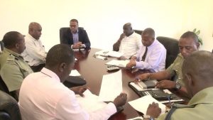 Hon. Mark Brantley, Premier of Nevis and Minister responsible for Security, and other members of the Nevis Island Administration Cabinet in a meeting with senior police officers of the Royal St. Christopher and Nevis Police Force, Nevis Division, at the administration’s conference room at Pinney’s Estate on July 20, 2018