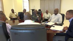 Hon. Mark Brantley, Premier of Nevis and Minister responsible for Security and other members of the Nevis Island Administration Cabinet in a meeting with some private security firms on Nevis at the administration’s conference room at Pinney’s Estate on July 20, 2018