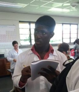 Nevisian Leron Webbe of Gingerland, a third year student at EARTH University in Costa Rica attending a session at the lab. His favourite classes are Soil Management and Animal Production