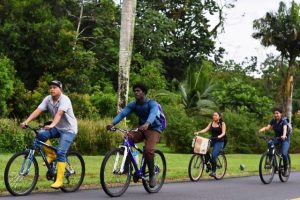Nevisian Leron Webbe of Gingerland (front right) cycling with fellow students at the EARTH University in Costa Rica, is living a truly multicultural experience, with classmates that come form 40 countries from around the world