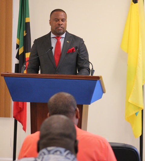 Hon. Mark Brantley, Premier of Nevis at his monthly press conference at the Nevis Island Administration’s Cabinet Room at Pinney’s Estate on August 29, 2018