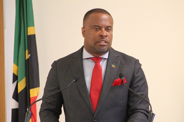 Hon. Mark Brantley, Premier of Nevis, at his monthly press conference at the Nevis Island Administration’s Cabinet Room at Pinney’s Estate on August 29, 2018