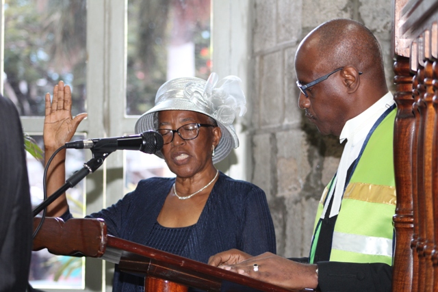 Her Honour Hyleta Liburd, the new Deputy Governor General for Nevis being sworn into office by Resident High Court Judge in St. Kitts Hon. Justin Trevor Ward QC at the High Court in Charlestown on August 31, 2018