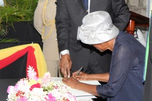 Her Honour Hyleta Liburd, the new Deputy Governor General for Nevis signs the register moments after she was sworn into office by Resident High Court Judge in St. Kitts Hon. Justin Trevor Ward QC at the High Court in Charlestown on August 31, 2018