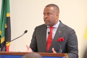 Hon. Mark Brantley, Premier of Nevis at his monthly press conference at the Nevis Island Administration’s Cabinet Room at Pinney’s Estate on August 29, 2018 
