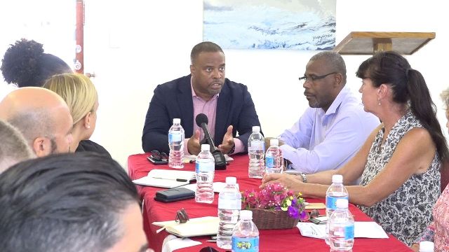 Hon. Mark Brantley, Premier of Nevis addressing hoteliers at the Oualie Beach Resort on July 31, 2018 at a monthly meeting of the St. Kitts and Nevis Hotel and Tourism Association