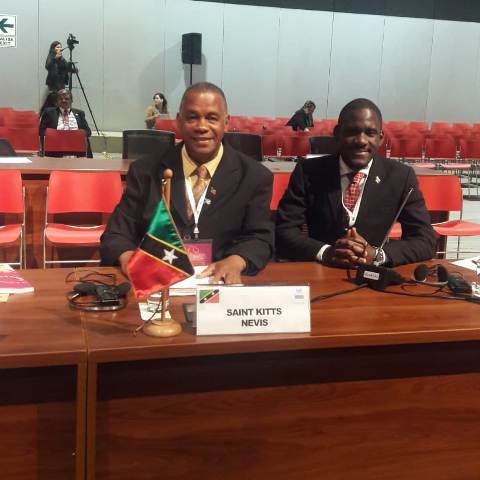 (L-r) Hon. Eric Evelyn, Minister of Social Development in the Nevis Island Administration and Mr. Anslem Caines, Senior Policy Officer in the Social Policy and Sustainable Development Unit on Nevis, at the 3rd session of the Regional Conference on Population and Development in Latin America and the Caribbean in Lima, Peru from August 7 to 9, 2018