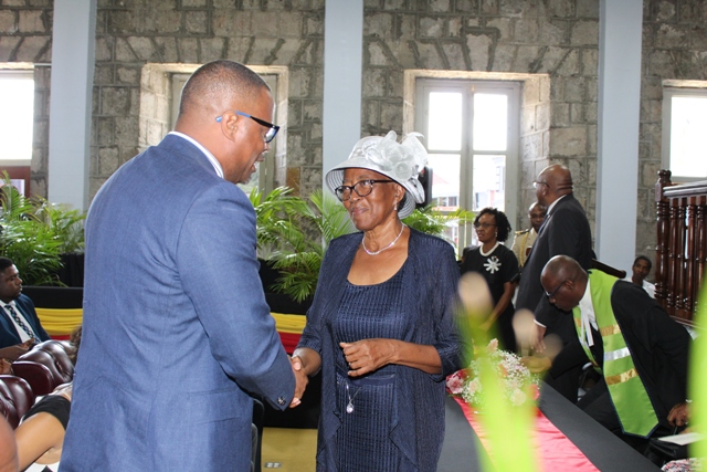 Hon. Mark Brantley, Premier of Nevis greeting newly sworn in Deputy Governor General for Nevis Her Honour Hyleta Liburd at the High Court in Charlestown on August 31, 2018