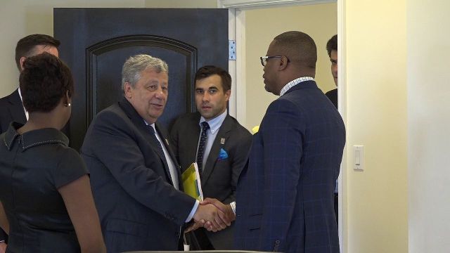 Hon. Mark Brantley, Minister of Foreign Affairs and Premier of Nevis welcomes Mr. Arkady Chenertsky, First Deputy Chair of the Russian Federation Council Committee on Federal Structure, Regional Policy, Local Government and Northern Affairs and members of his delegation to his Pinney’s Estate office on August 21, 2018